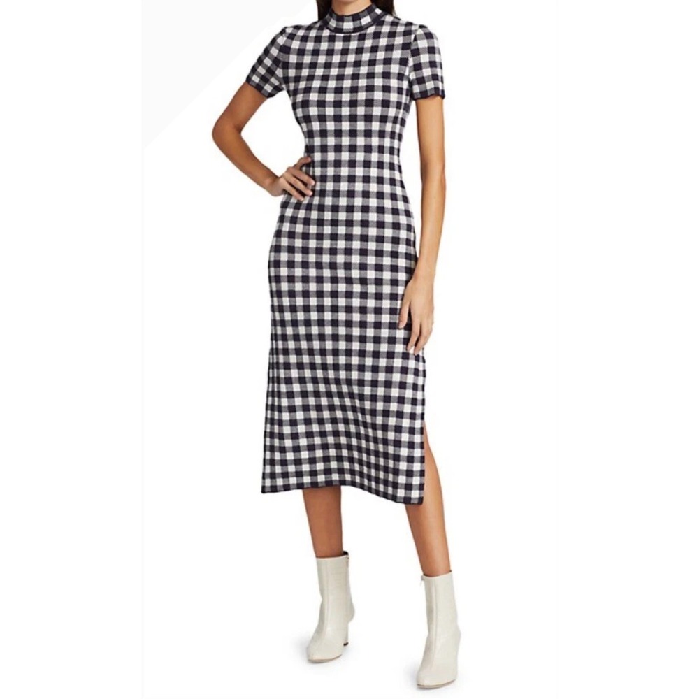 STAUD Heli Gingham Short-Sleeve Dress Navy Blue White Knit Mock Neck Midi Dress